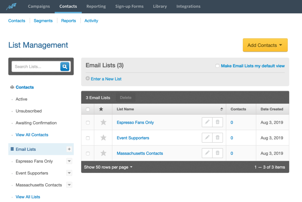 A screenshot image of the Constant Contact dashboard to describe how to manage contact lists.