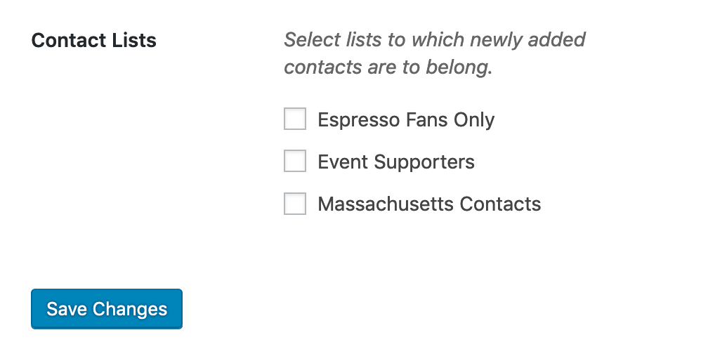 A screenshot image shows the Contact Lists section in the Integration page. There are 3 checkbox options with labels of contact list titles.