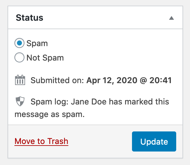 Captura de pantalla del cuadro meta Estado;  Los botones de opción Spam y Not Spam están ahí.