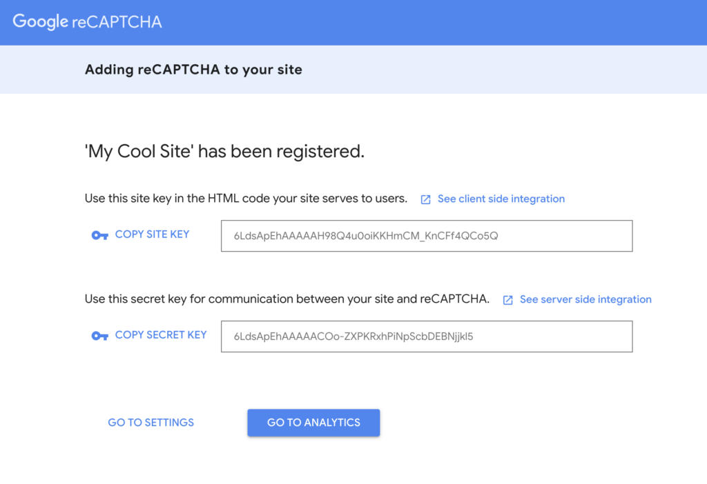 Screenshot of reCAPTCHA Admin Console