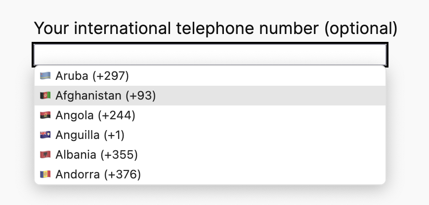 Screenshot of telephone number input field with country code suggestion