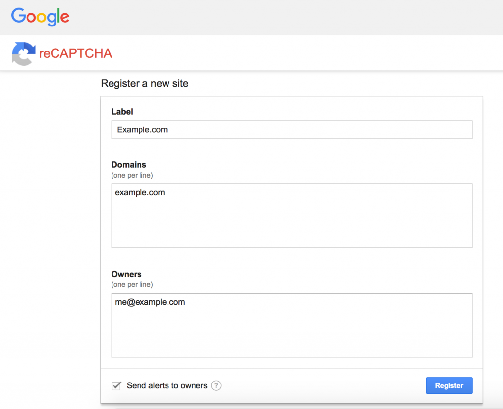 Screen shot of Google reCAPTCHA admin page