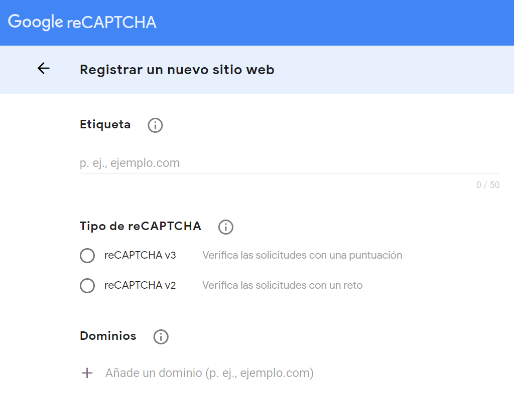 Captura de pantalla de la consola de administración de reCAPTCHA.
