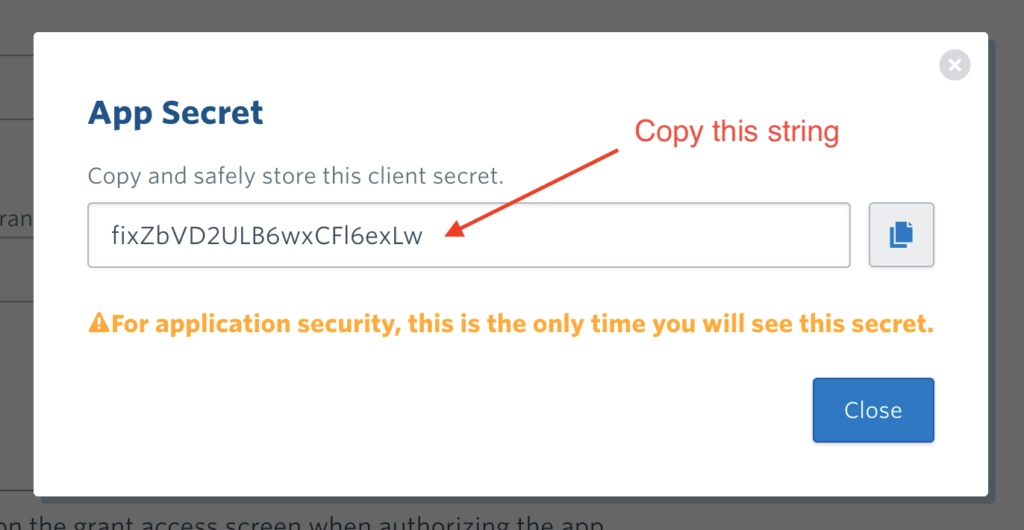 Screenshot of App Secret modal dialog