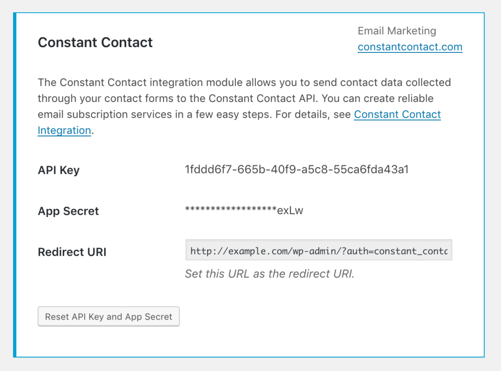 Screenshot of Constant Contact Integration box after authorization