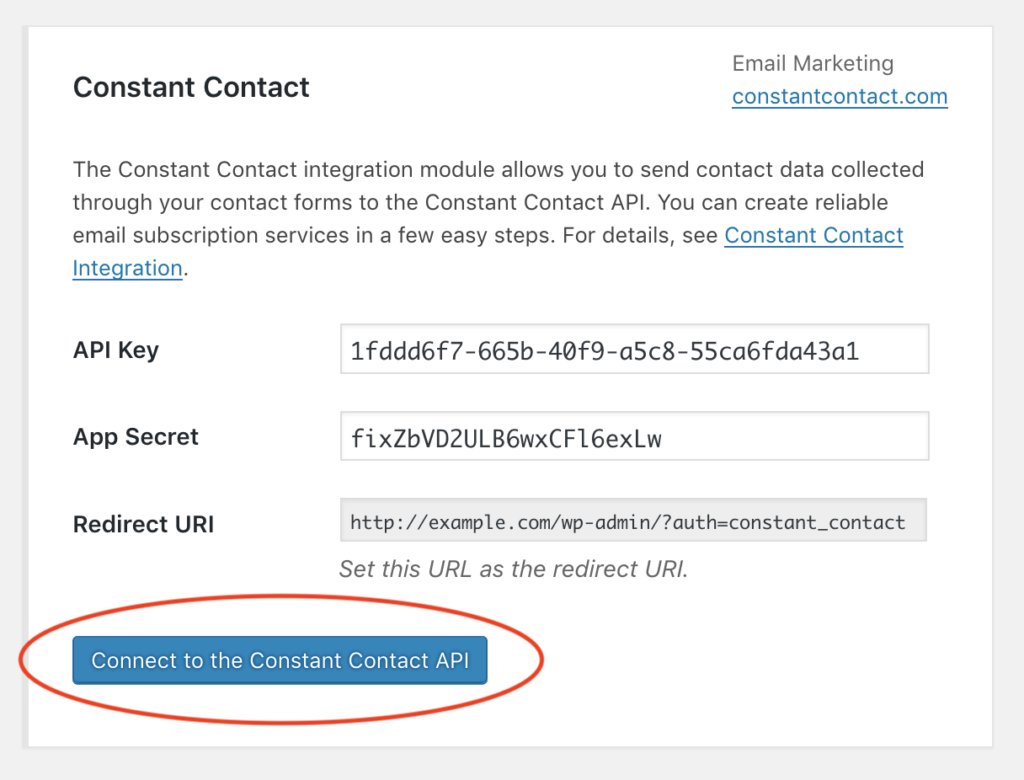 Screenshot of the Connect to the Constant Contact API button