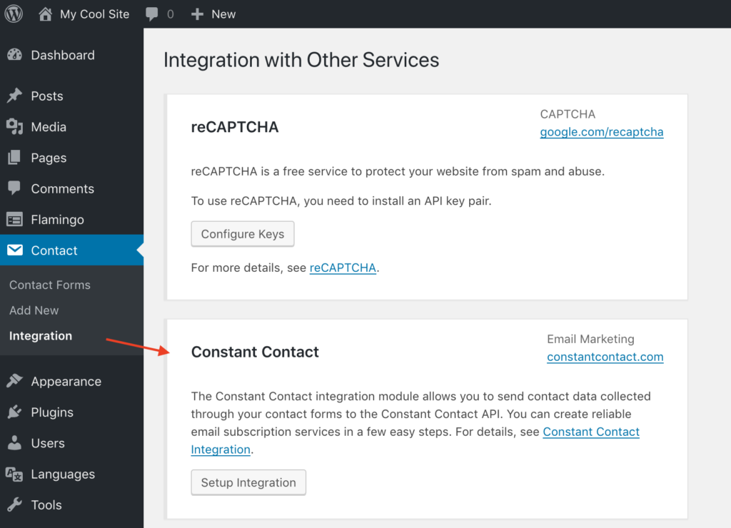 Screenshot of WordPress admin screen (Contact > Integration menu)