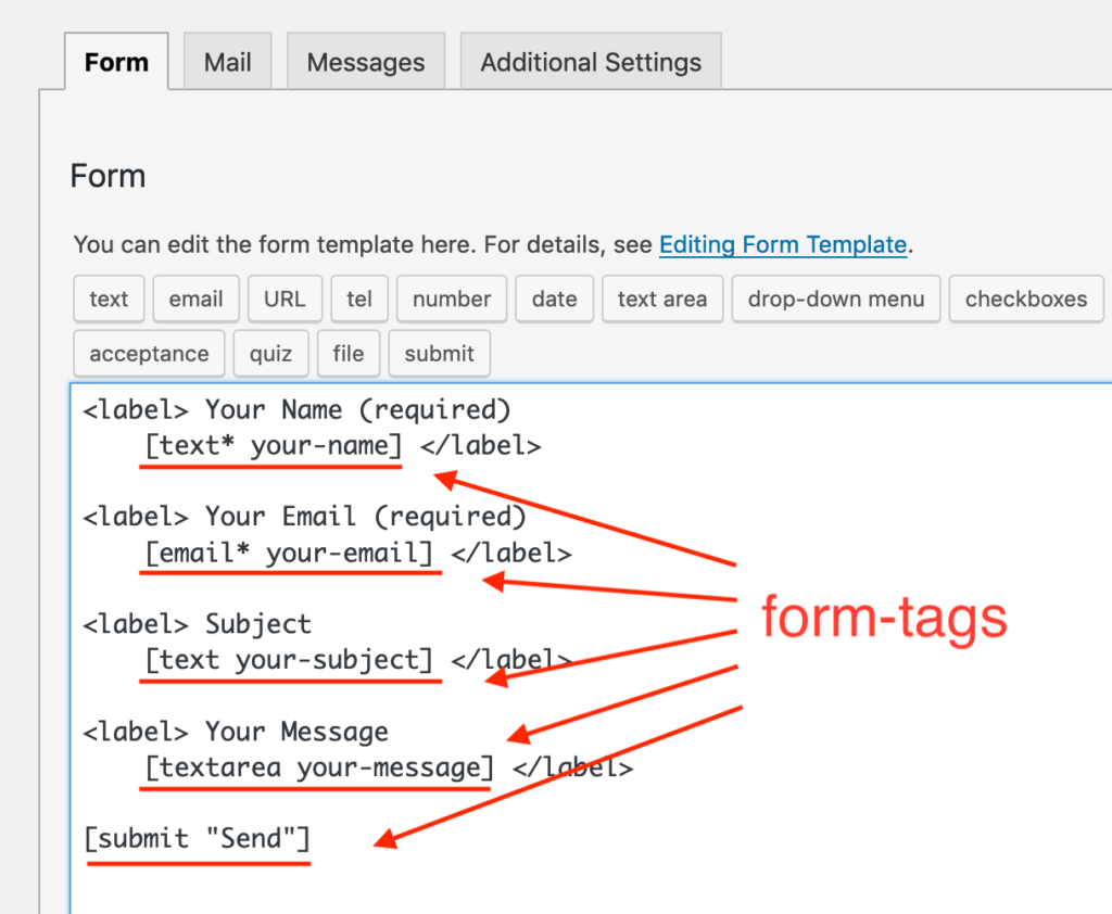 A screenshot image shows form-tags used in the Form tab panel.