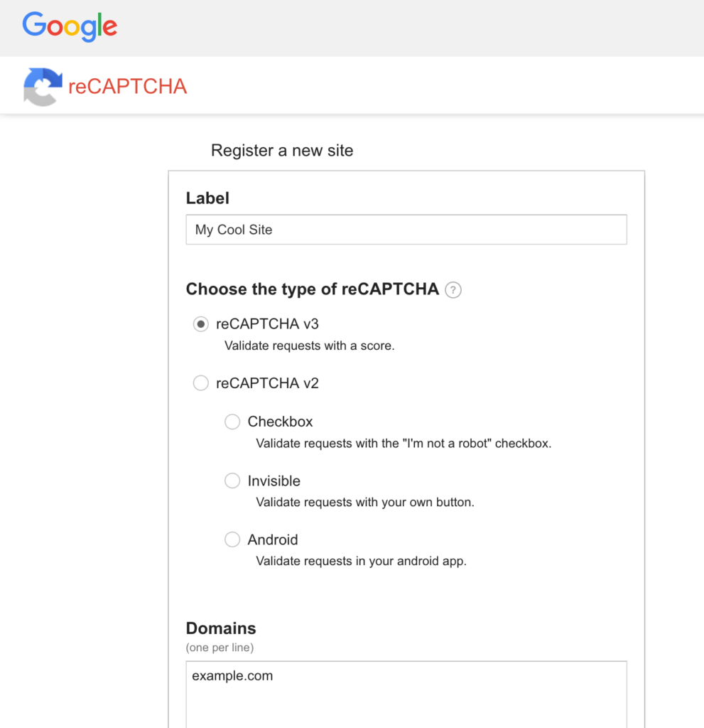 我的 reCAPTCHA 頁面的屏幕截圖