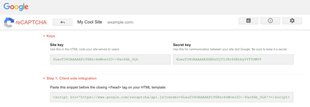 Screenshot of reCAPTCHA site details including the site key and secret key