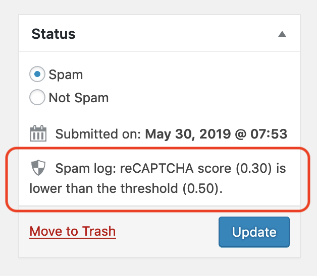 A screenshot image shows a spam log message shown in Flamingo's Inbound Message section. The message reads "Spam log: reCAPTCHA score (0.30) is lower than the threshold (0.50)."