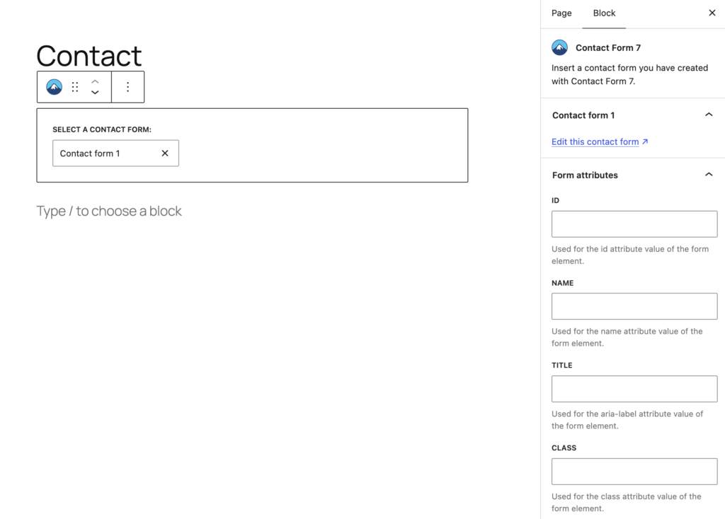 Screenshot image of the page editor screen. Inserting a Contact Form 7 block.